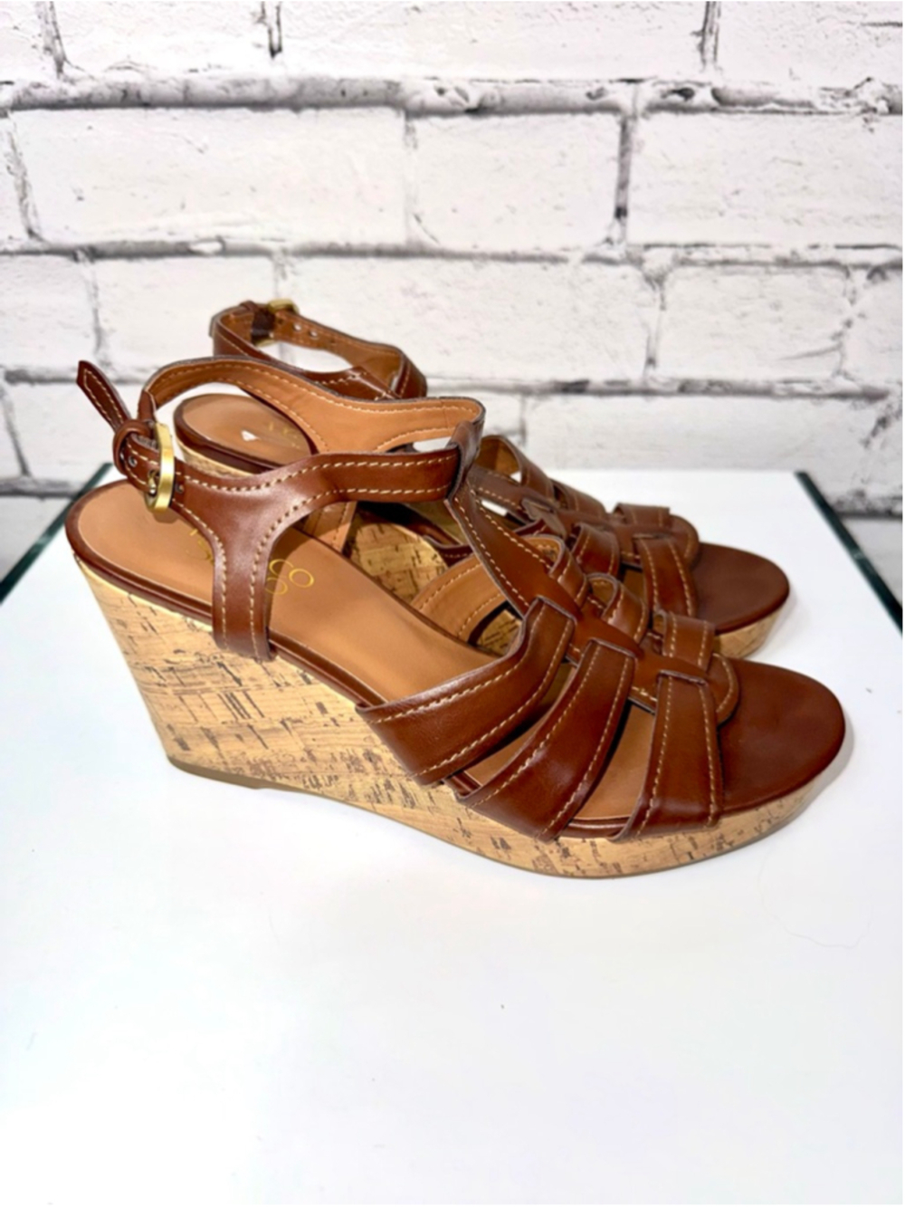 Women's Franco Sarto Marybeth Brown Leather Strappy Cork Wedge Sandals size 7.5